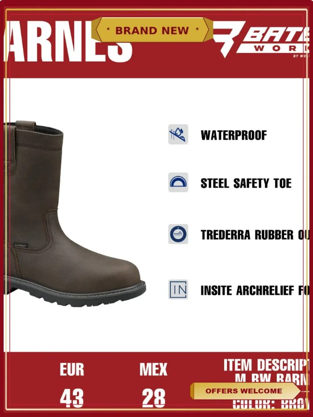 Waterproof Steel Toe Pull-On Work Boot for Men